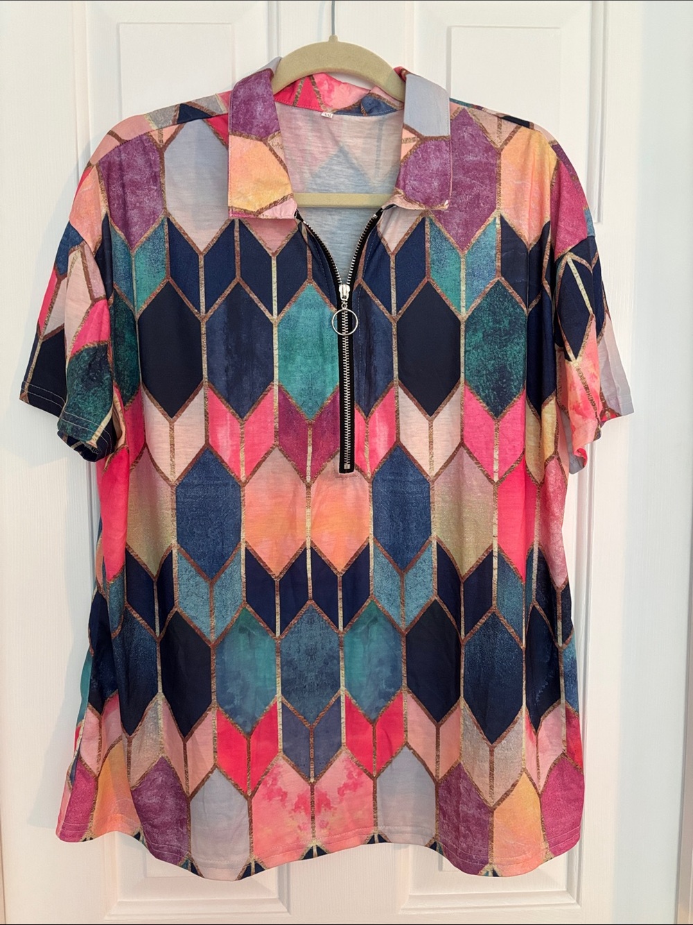 Colorful Geometric Zip-Front Short Sleeve Top